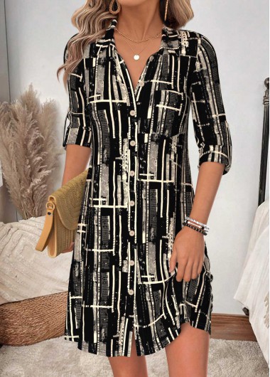 women clothes image of Black Geometric Print Short Tummy Coverage Long Sleeve Dress
