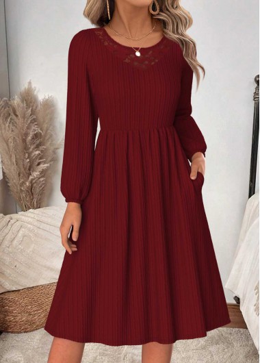 women clothes image of Wine Red Shirred Long Sleeve Round Neck Dress