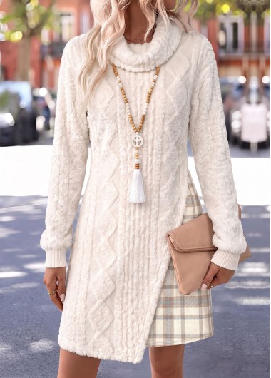 women clothes image of Beige Plaid Patchwork Long Sleeve Cowl Neck Dress