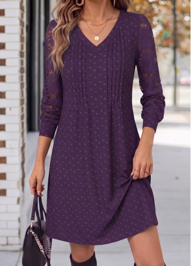women clothes image of Purple Short Patchwork Long Sleeve V Neck Dress