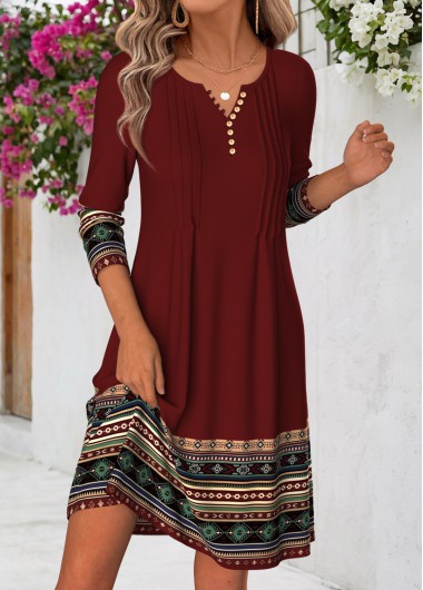 women clothes image of Deep Red Tribal Print Short Tuck Stitch Dress
