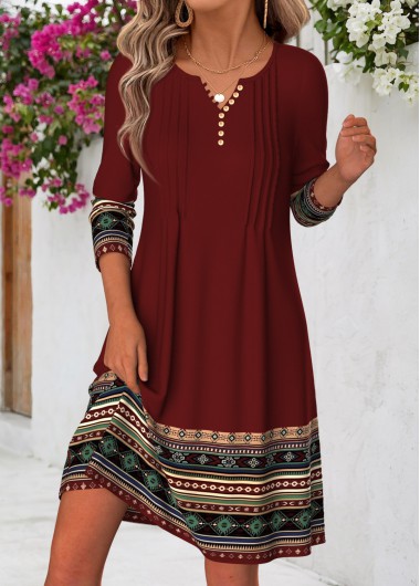 women clothes image of Deep Red Tribal Print Short Tuck Stitch Dress