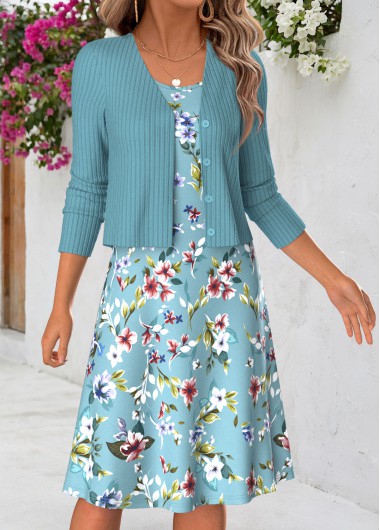 women clothes image of Mint Green Floral Print Two-piece Dress and Cardigan