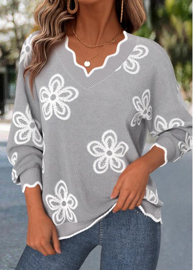 women clothes image of Grey Floral Print Scalloped Hem Long Sleeve Sweatshirt