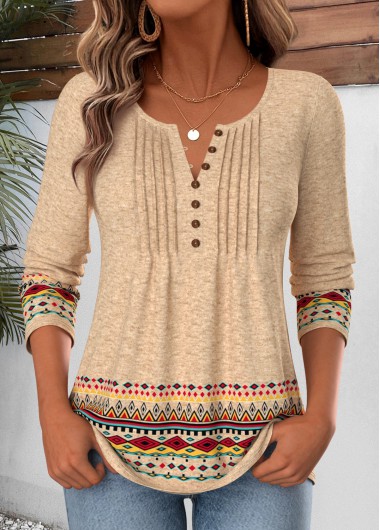 women clothes image of Light Camel Tribal Print Tuck Stitch T Shirt