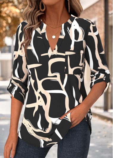 women clothes image of Black Pop Art Print Curved Hem 3/4 Sleeve Shirt