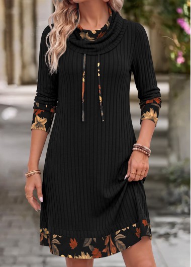 women clothes image of Black Leaf Print Patchwork Long Sleeve High Neck Dress
