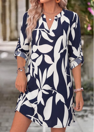 women clothes image of Navy Leaf Print Short Tummy Coverage Long Sleeve Dress