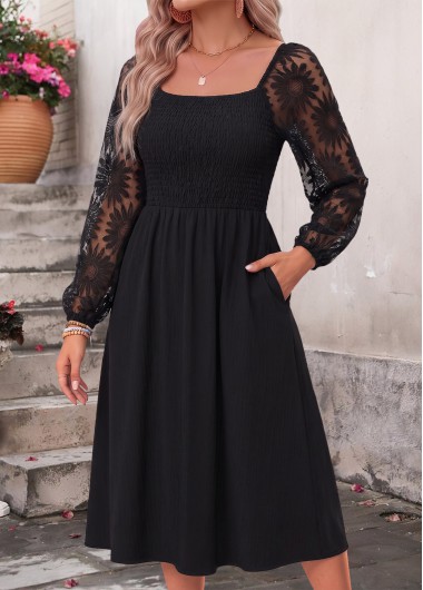 women clothes image of Black Smocked Long Sleeve Square Neck Dress