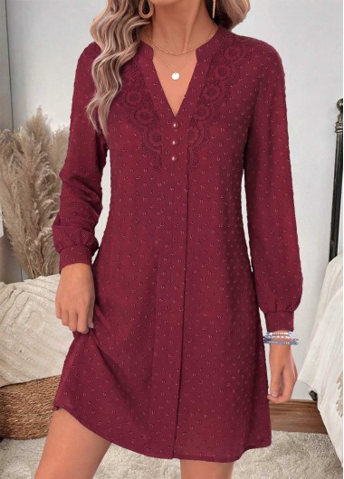 women clothes image of Wine Red Short Patchwork Long Sleeve Split Neck Dress