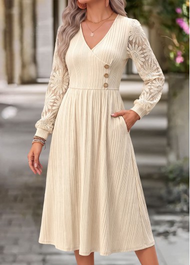 women clothes image of Beige Patchwork Long Sleeve V Neck Dress