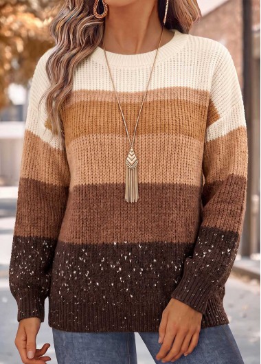 women clothes image of Light Camel Striped Tummy Coverage Long Sleeve Sweater