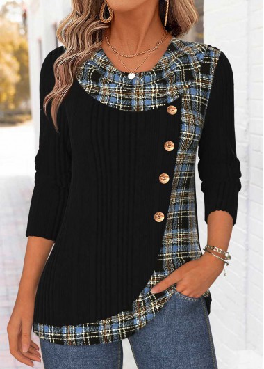women clothes image of Black Plaid Patchwork Long Sleeve Draped Neck T Shirt