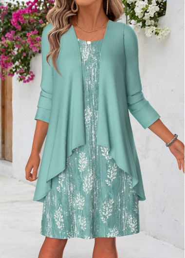 women clothes image of Mint Green Floral Print Tummy Coverage Dress and Cardigan