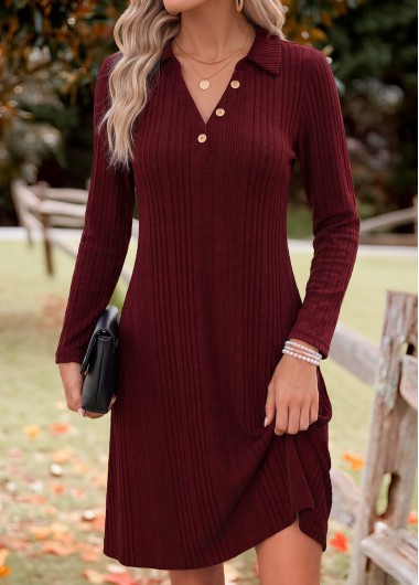 women clothes image of Wine Red Short Tummy Coverage Long Sleeve Dress