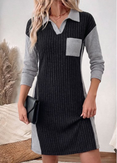 women clothes image of Black Short Patchwork Long Sleeve Shirt Collar Dress