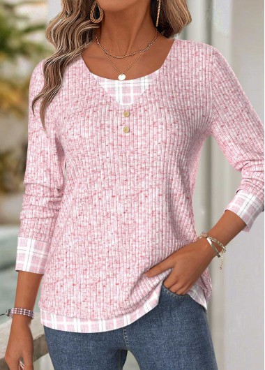 women clothes image of Light Blue Plaid Long Sleeve V Neck T Shirt