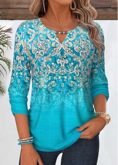 women clothes image of Cyan Tribal Print Shirred 3/4 Sleeve Blouse