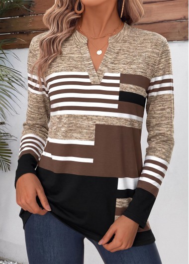 women clothes image of Light Coffee Geometric Print Curved Hem T Shirt