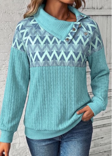 women clothes image of Cyan Geometric Print Grommet Long Sleeve Sweatshirt