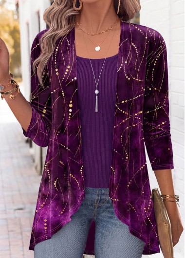 women clothes image of Purple Geometric Print Long Sleeve Fake Two Piece Twinset