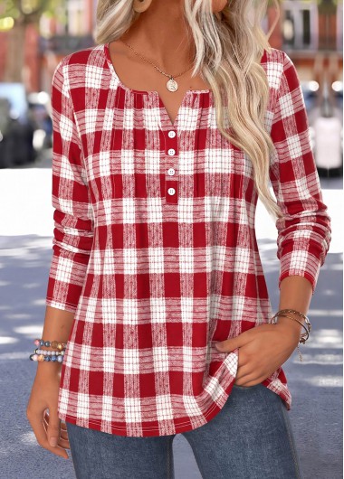 women clothes image of Red Plaid Curved Hem Long Sleeve T Shirt