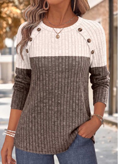 women clothes image of Light Coffee Patchwork Long Sleeve Round Neck T Shirt
