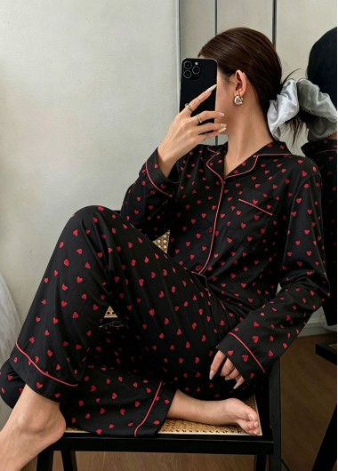 women clothes image of Black Heart Print Long Sleeve Lounge Top and Pants