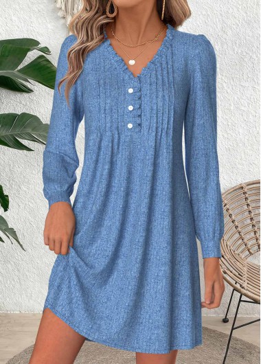 women clothes image of Denim Blue Short Tuck Stitch Long Sleeve Dress