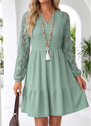 women clothes image of Sage Green Short Patchwork Long Sleeve Split Neck Dress