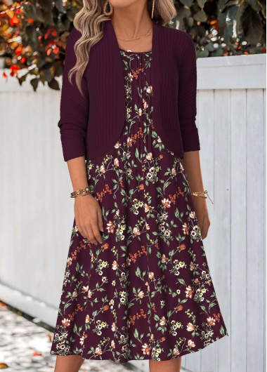 women clothes image of Dark Reddish Purple Floral Print Two-piece Dress and Cardigan