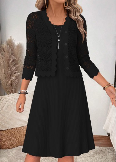 women clothes image of Black Two-piece Long Sleeve Round Neck Dress and Cardigan