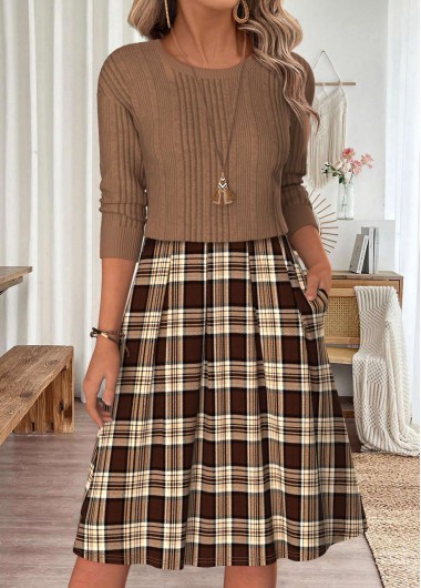 women clothes image of Light Coffee Plaid Patchwork Long Sleeve Round Neck Dress