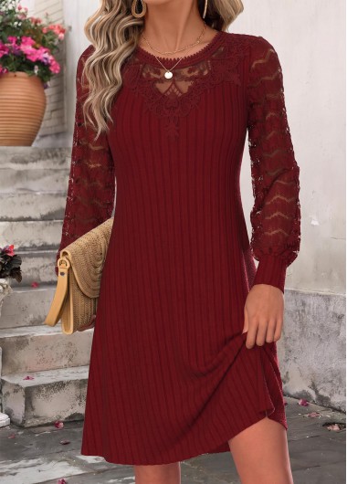 women clothes image of Wine Red Short Patchwork Long Sleeve Round Neck Dress