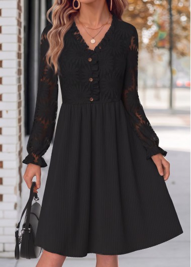 women clothes image of Black Patchwork Long Sleeve V Neck Dress