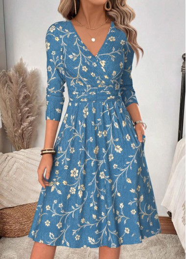 women clothes image of Blue Floral Print Shirred Long Sleeve V Neck Dress