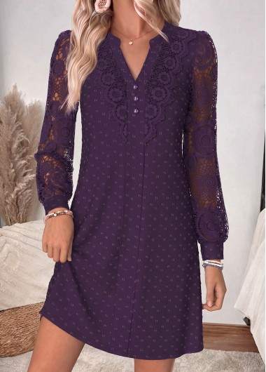 women clothes image of Purple Short Patchwork Long Sleeve Split Neck Dress