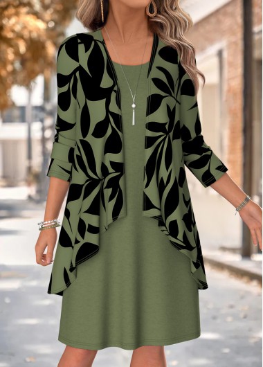 women clothes image of Sage Green Leaf Print Two-piece Dress and Cardigan