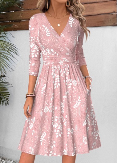 women clothes image of Pink Leaf Print Shirred Long Sleeve V Neck Dress