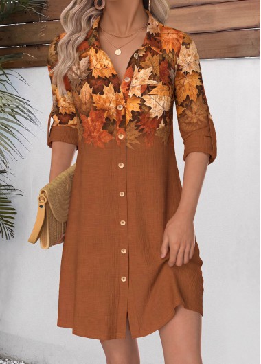 women clothes image of Dark Coffee Leaf Print Short Patch Pocket Dress