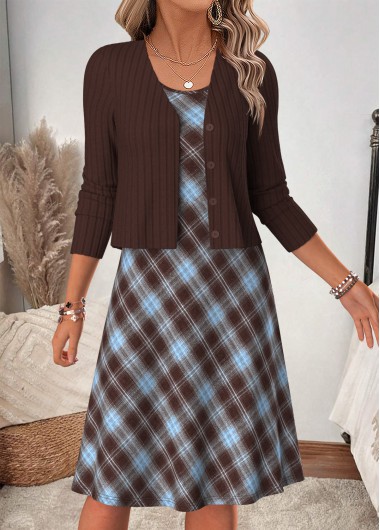 women clothes image of Dark Coffee Plaid Two-piece Short Sleeve Dress and Cardigan