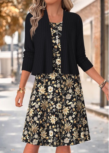 women clothes image of Black Random Floral Print Tummy Coverage Dress and Cardigan