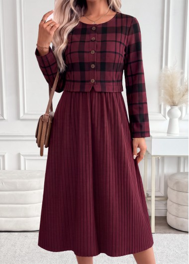 women clothes image of Dark Reddish Purple Plaid Patchwork Long Sleeve Dress