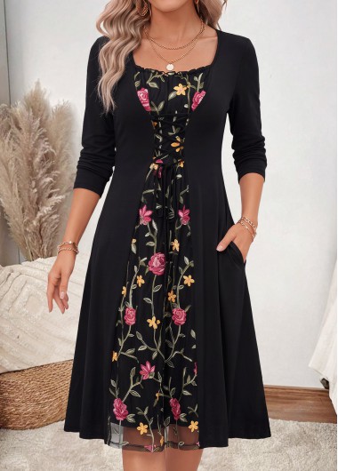 women clothes image of Black Floral Print Fake 2in1 Long Sleeve Dress