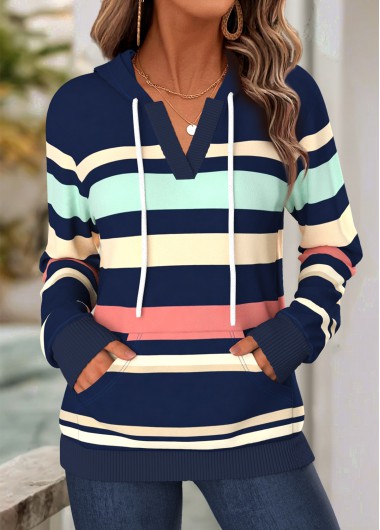 women clothes image of Navy Striped Kangaroo Pocket Long Sleeve Split Neck Hoodie