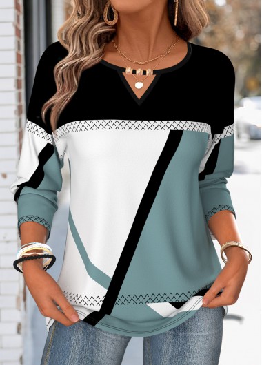 women clothes image of Multi Color Geometric Print Beaded Long Sleeve T Shirt