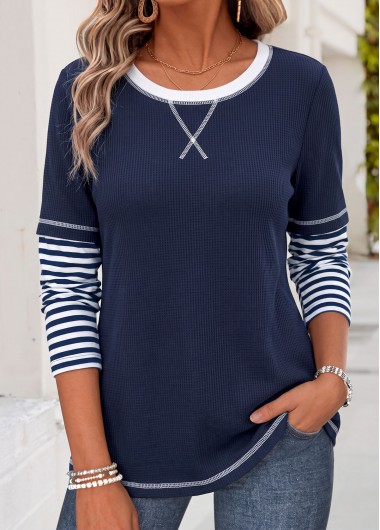 women clothes image of Navy Striped Fake 2in1 Long Sleeve T Shirt