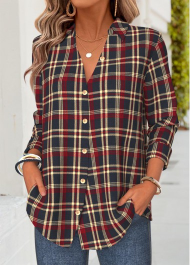 women clothes image of Multi Color Plaid Tummy Coverage Long Sleeve Shirt