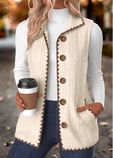 women clothes image of Beige Double Side Pockets Sleeveless Turn Down Collar Waistcoat