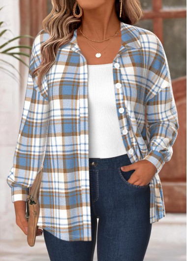 women clothes image of Light Blue Button Plaid Long Sleeve Coat